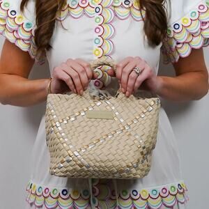 Parker & Hyde Mini Woven Tote Bag Purse with Crossbody Strap Beige Gold Metallic